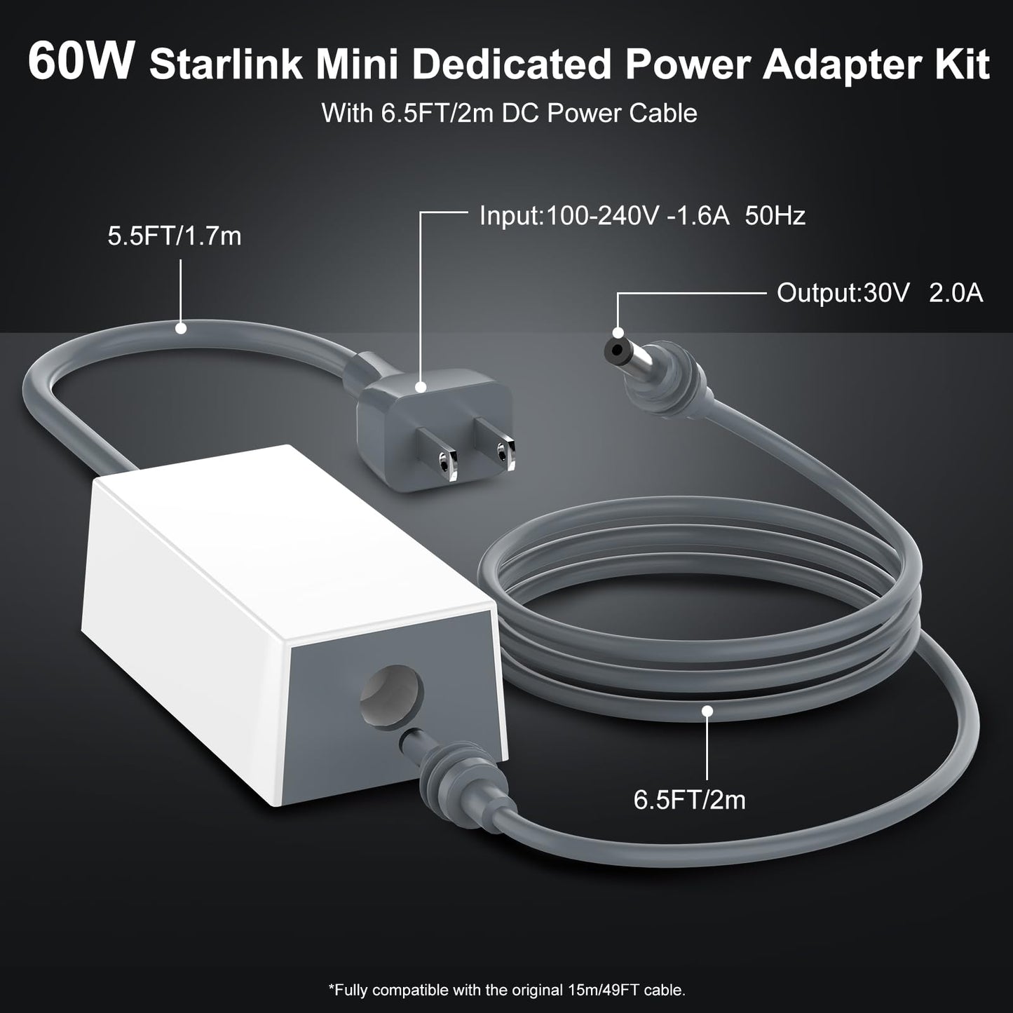 Starlink Mini Power Supply & Accessories, Official Replacement 60W AC Adapter with 5.5FT Power Cord & 6.5FT Detachable DC Cable for Starlink Mini Dish