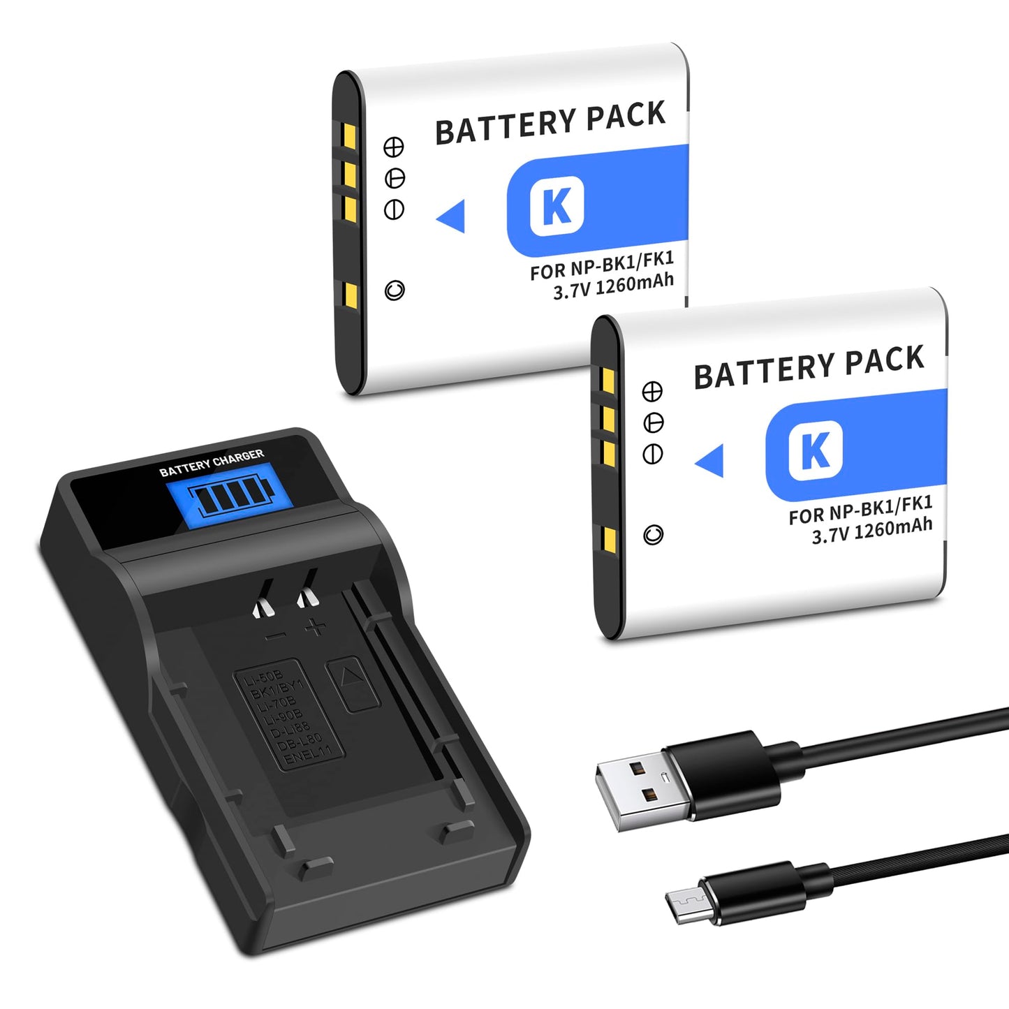2-Pack NP-BK1 NP-FK1 Battery +Quick LCD Charger Compatible for Sony NP-BK1,Cybershot DSC-W180, DSC-W190, DSC-W370, DSC-S750, DSC-S780, DSC-S950