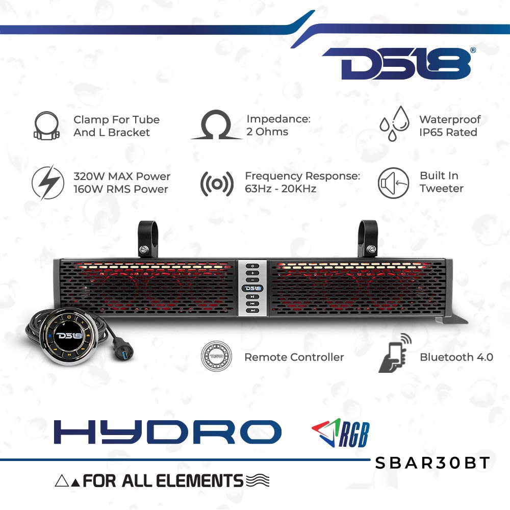 DS18 SBAR 30" 2-Way Sound Bar Waterproof Speaker with Integrated RGB Lights and Bluetooth System-320 MAX, 160 Watts RMS - Ideal for ATV, UTV, Jeep
