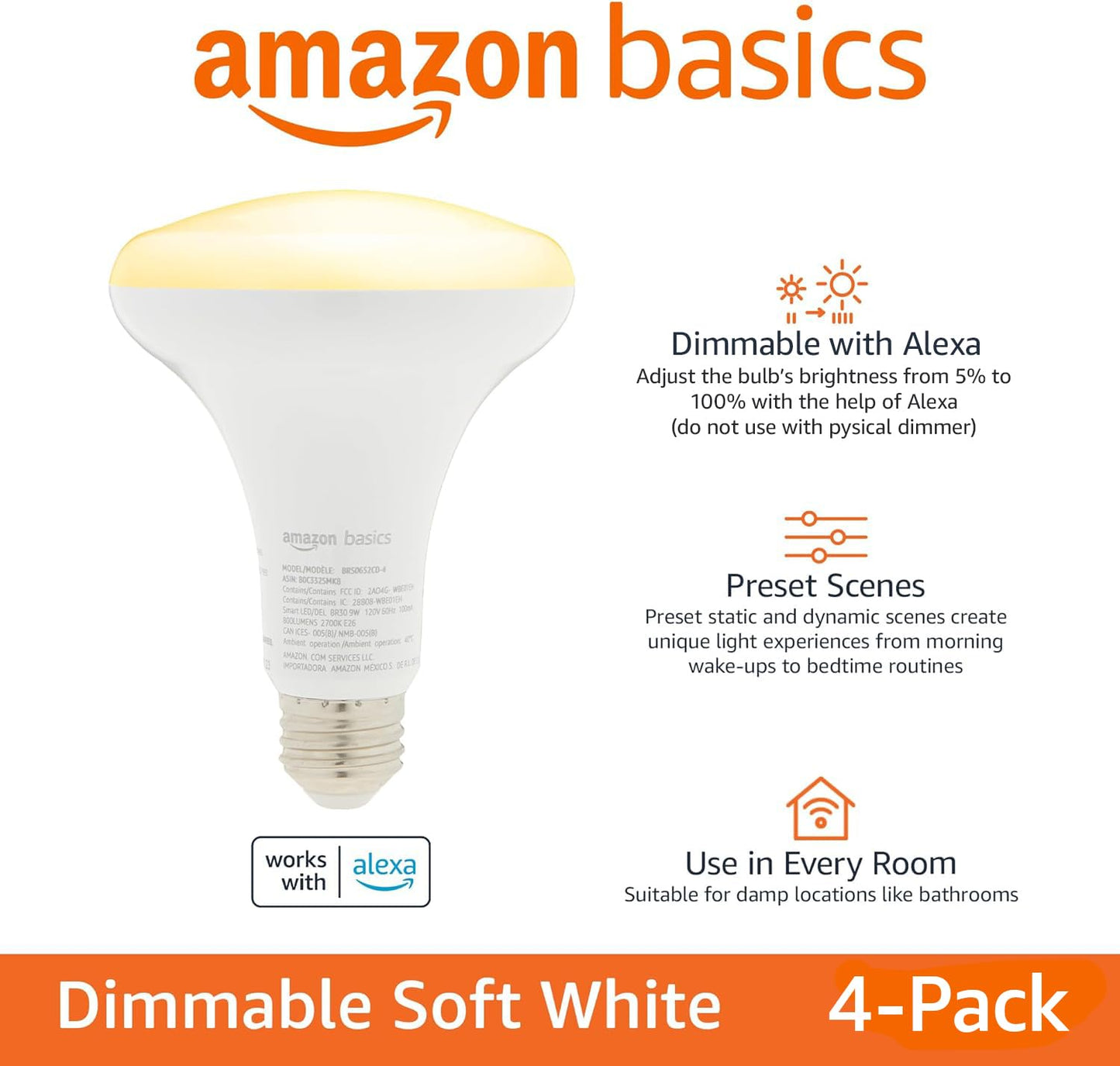 Amazon Basics Smart BR30 LED Light Bulbs for Bedroom Living Room, Dimmable Soft White (2700K), 9W (60W Equivalent), 800LM, Voice Control, Works