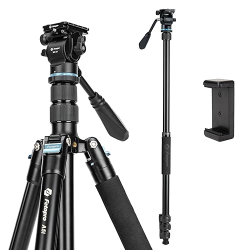 Fotopro 73'' Camera Tripod, Foldable Aluminum Tripod/Monopod, Detachable Fluid Head with Quick Release Plate, Lightweight Tripod for Camera, Phone