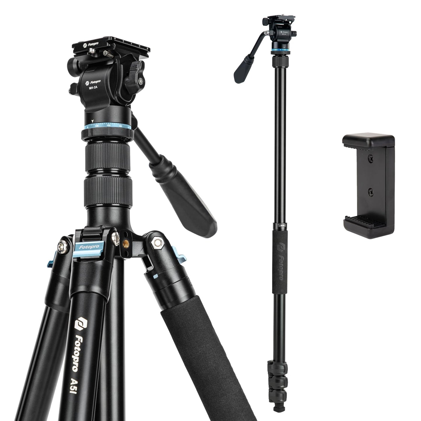 Fotopro 73'' Camera Tripod, Foldable Aluminum Tripod/Monopod, Detachable Fluid Head with Quick Release Plate, Lightweight Tripod for Camera, Phone