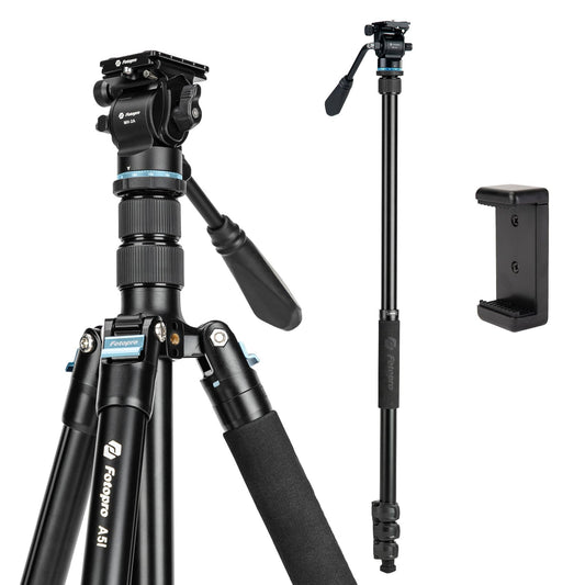 Fotopro 73'' Camera Tripod, Foldable Aluminum Tripod/Monopod, Detachable Fluid Head with Quick Release Plate, Lightweight Tripod for Camera, Phone