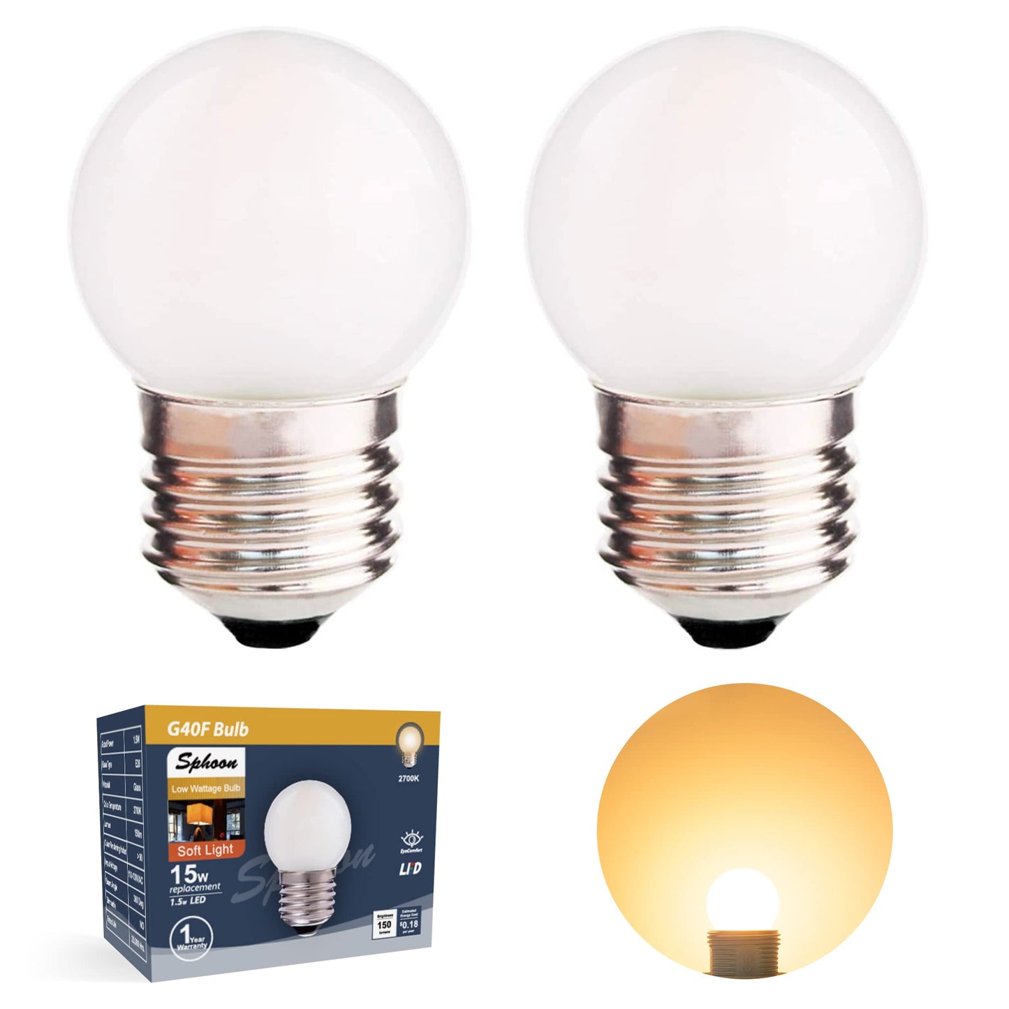 Sphoon G40 1.5w Low Wattage Led Bulb Equal 15 Watt Small E26 Light Bulbs