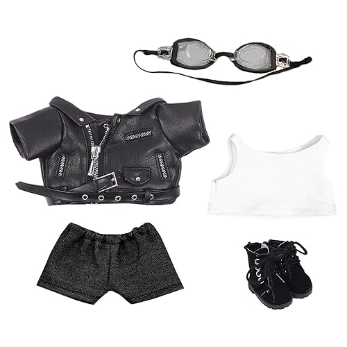 niannyyhouse 20cm Plush Doll Clothes Leather Coat Jeans Glasses Vest Shoes Jacket Outfit 8in Dolls Dress Up (Black-20cm)