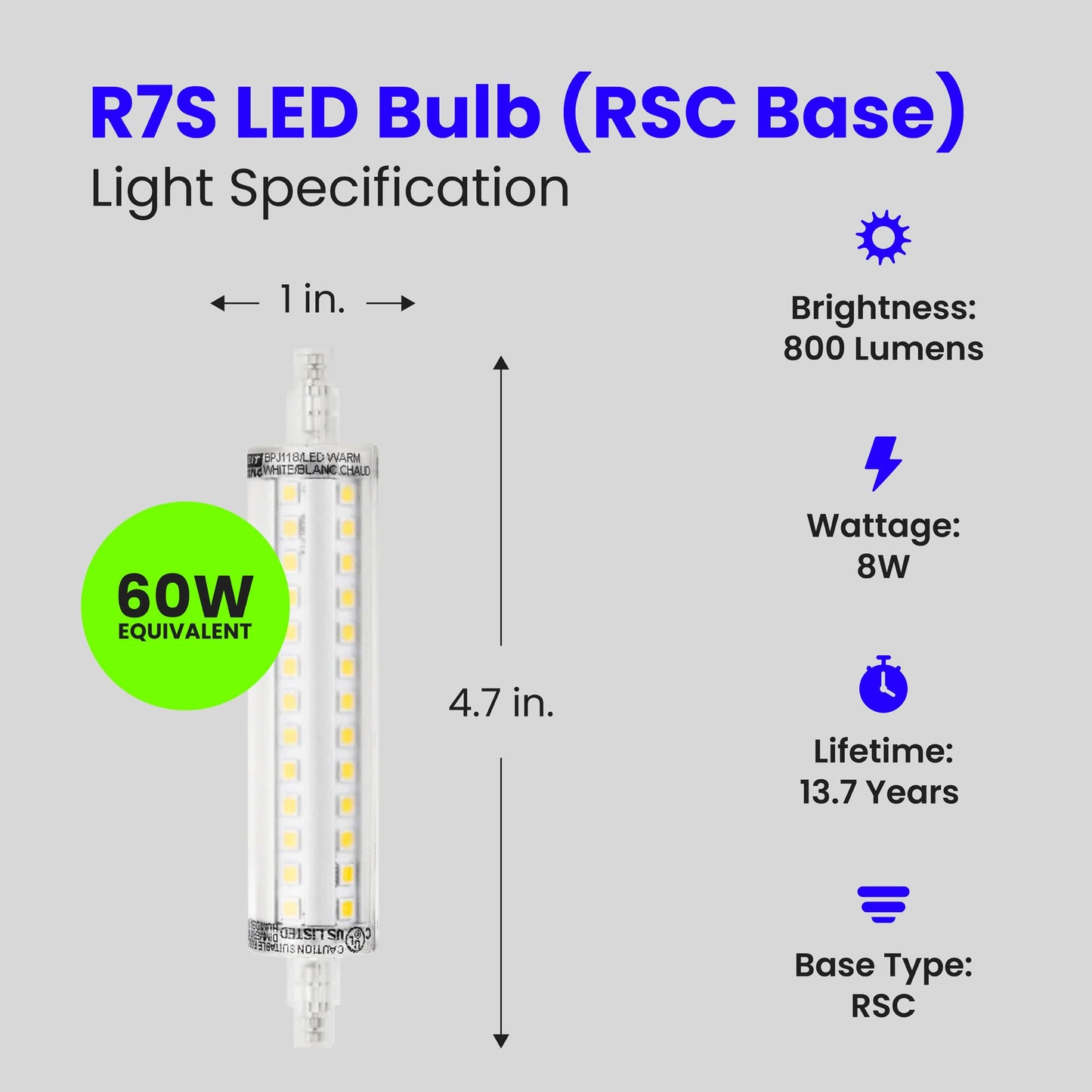 Feit Electric 60W Equivalent R7S LED Light Bulb, 3000K Warm White, 800 Lumens, 8W, 15,000-Hour Lifetime, Ideal for Accent, Torchiere Table & Floor