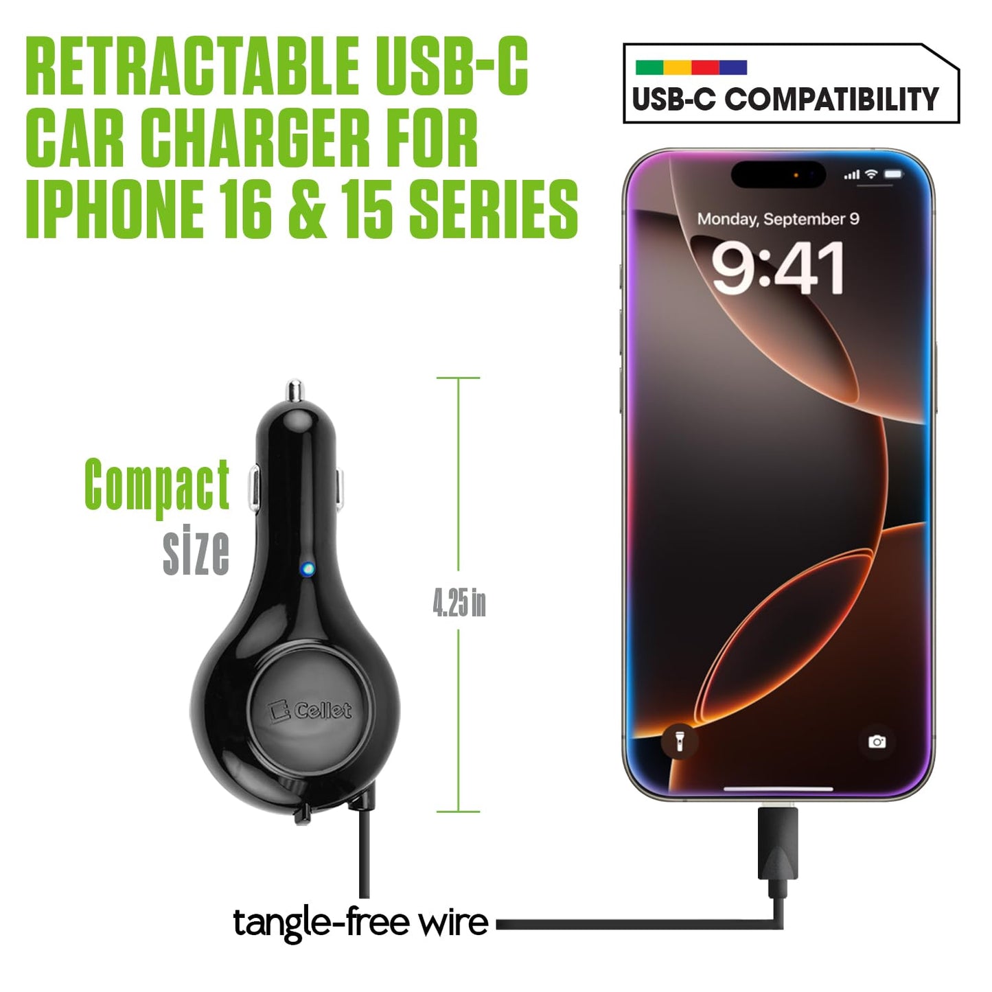 Retractable USB-C Car Charger - 15W Fast Charging, 3.3ft Cable, 3A Output, Blue LED Indicator - Compatible with Apple iPhone 15/16 Series & Android