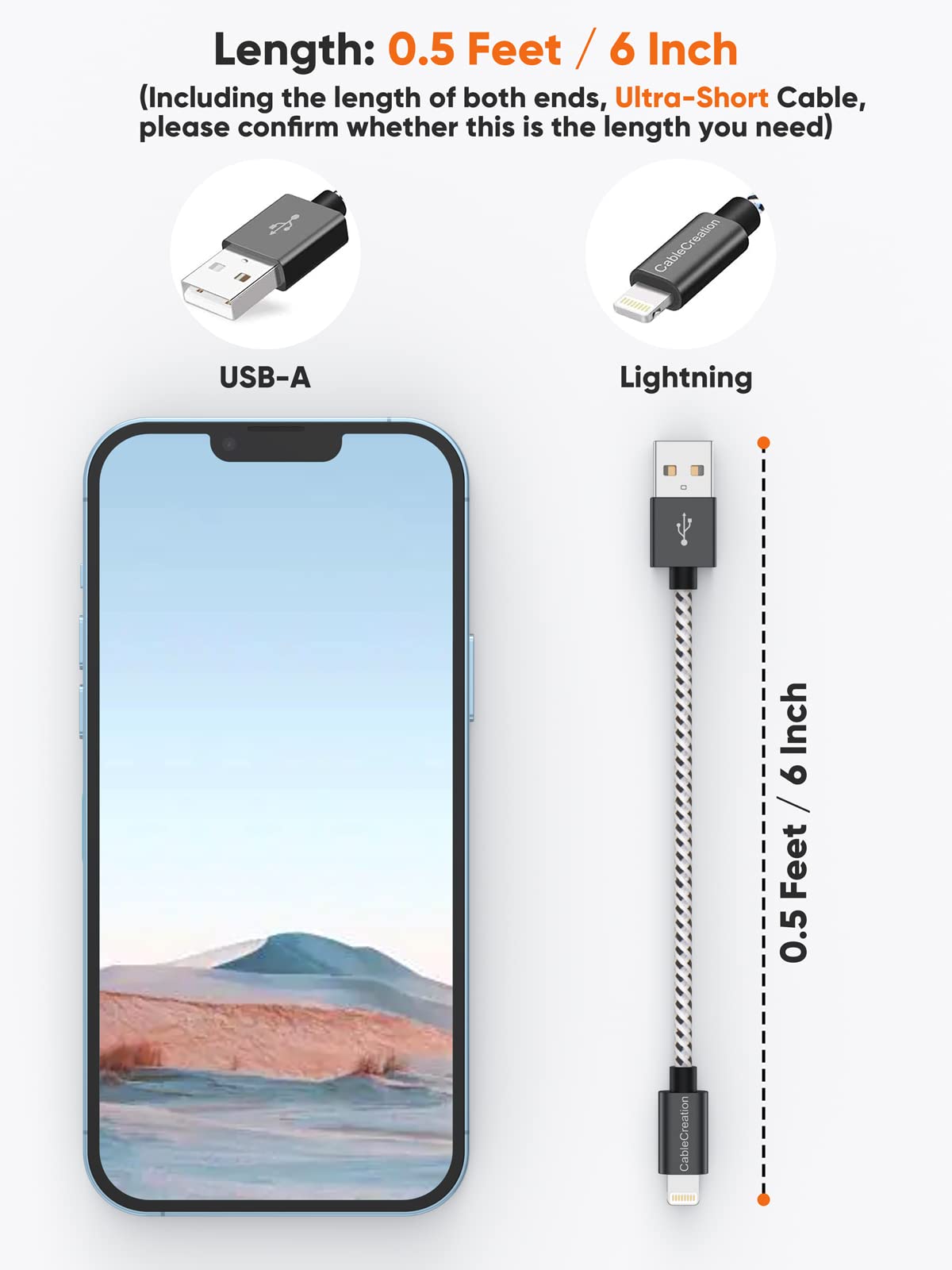 CableCreation 0.5 Feet Short iPhone Charger Cable, [MFi Certified] Lightning to USB Data Sync Cord, Compatible with iPhone 14/14 Pro, AirPods Pro…