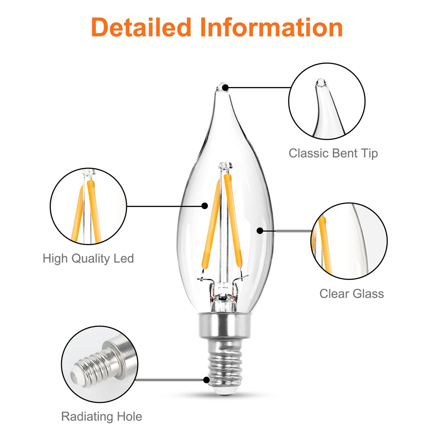 DGE 6x1.5 Watt LED Warm White Ceiling Fan Light Bulbs 20W Equivalent C32 Chandelier Light Bulbs Bright and Lasting 110 Lumen Bent Tip Light Bulb