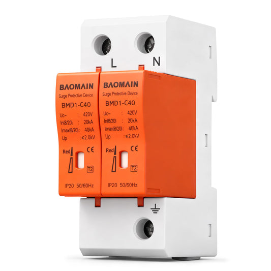 Baomain 2P (1P+N) Surge Protective,420V AC 40kA,BMD1-C40 Single-Phase SPD with Neutral Protection,DIN Rail Mounting,Flame Retardant Housing
