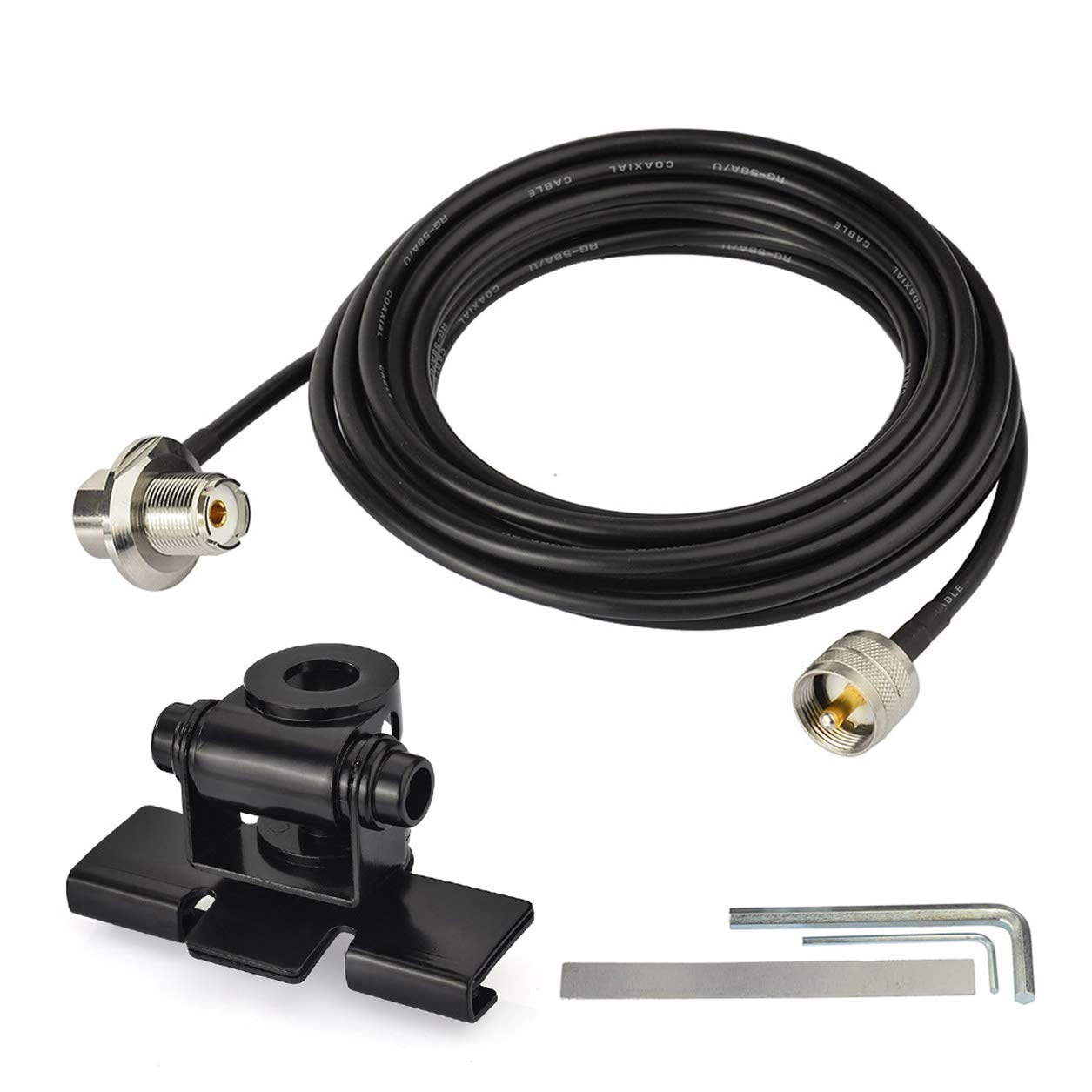 Bingfu Antenna Lip Mount Bracket for Car & Truck - 5m RG58 Coaxial Cable with UHF PL259 Male to SO239 Female Bulkhead Connector - Compatible with Ham