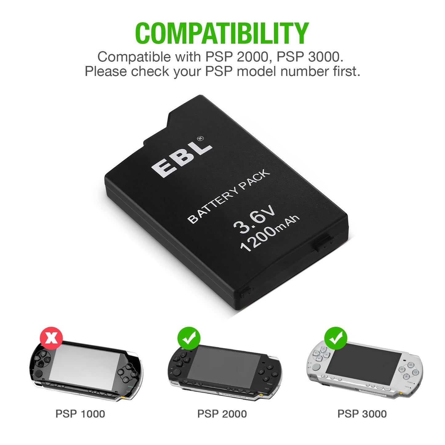 EBL 3.6V Lithium Ion Rechargeable Battery Pack 1200mAh（Real Capacity） Replacement Battery Compatible with PSP 2000/3000 PSP-S110 Console