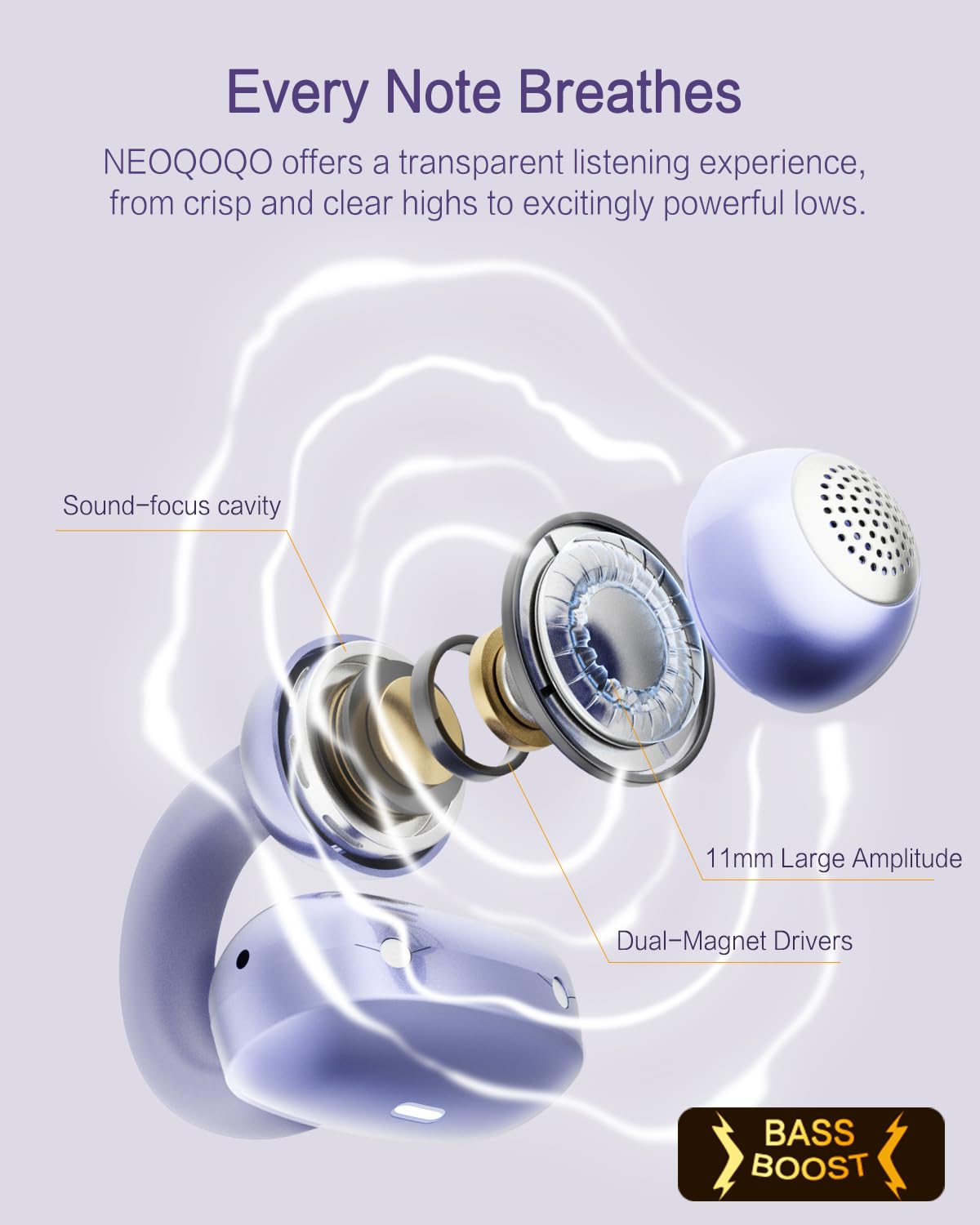 NEOQOQO A50 Clip on Earbuds, Bluetooth 6.0 Wireless Open Ear Headphones w/5.3g Weightless Comfort,48H Playtime,3D Soundstage,Clear Call