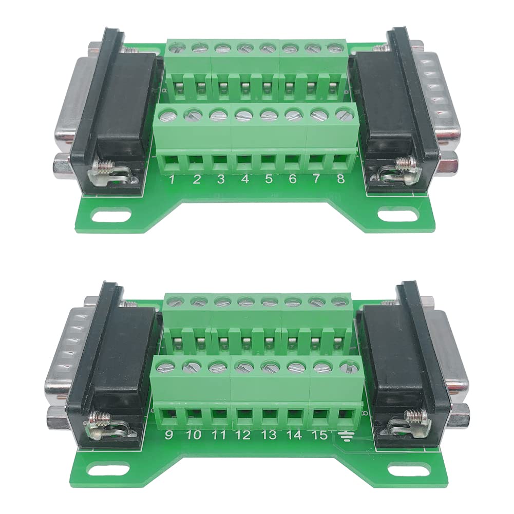 Jienk 2Pcs DB15 Male to Female Terminal Breakout Board, RS232 D-SUB Serial to 15pin Port Terminal Block Gender Changer Connector