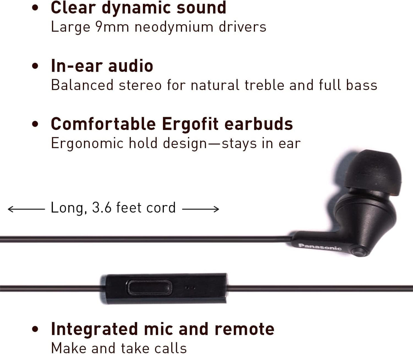 Panasonic ErgoFit Wired Earbuds with Microphone, 3.5mm Jack Wired Headphones with Mic and Call Controller, Ergonomic Custom-Fit Earpieces (S/M/L),