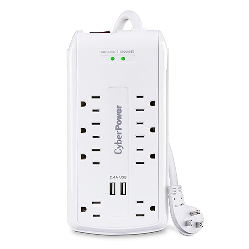CyberPower CSP806U Professional Surge Protector, 3000J/125V, 15A, 8 Outlets, 2 USB Charging Ports, 6 Foot Cord, White