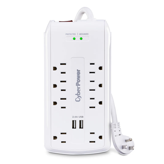 CyberPower CSP806U Professional Surge Protector, 3000J/125V, 15A, 8 Outlets, 2 USB Charging Ports, 6 Foot Cord, White