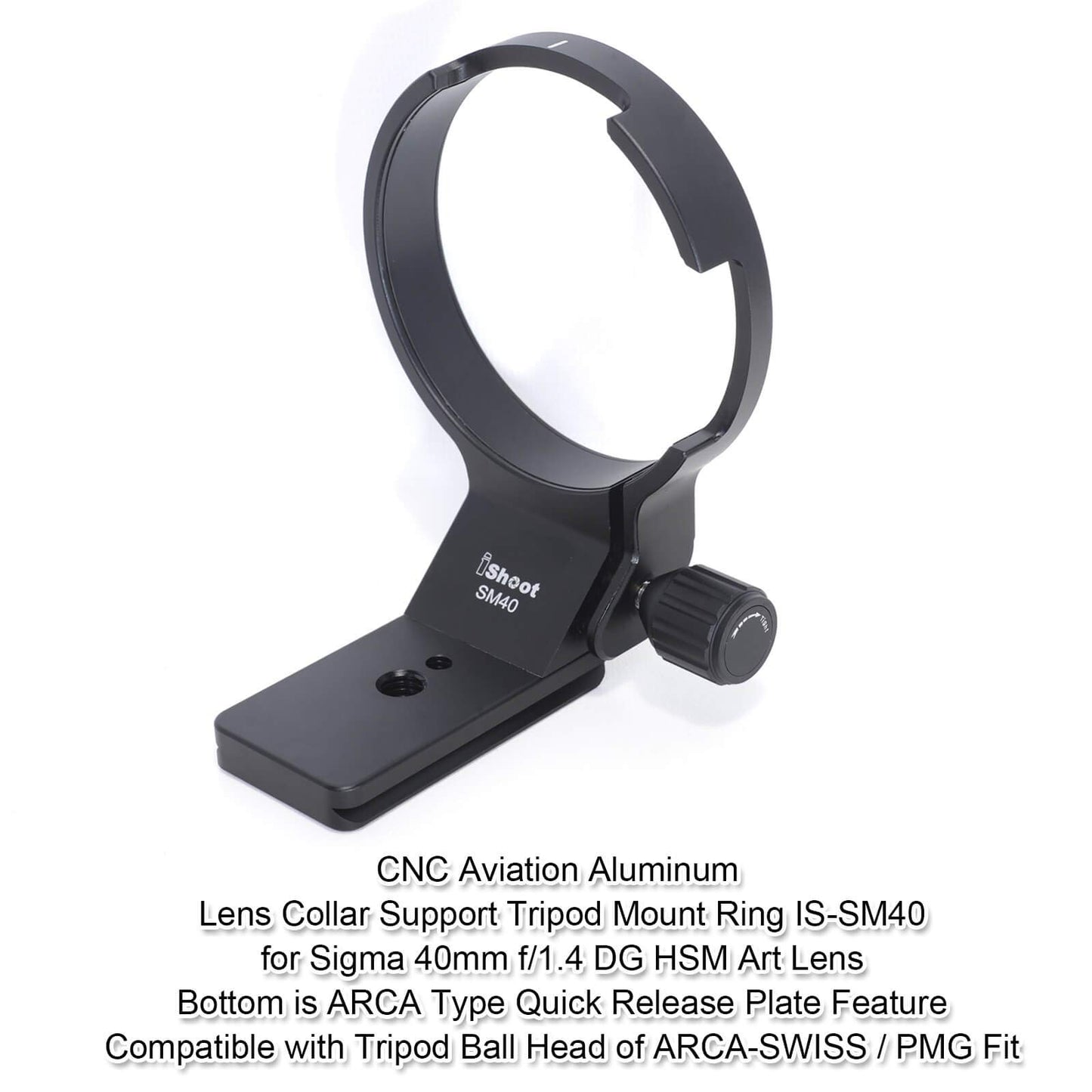 iShoot CNC Machined 82mm Tripod Mount Ring Lens Collar for Sigma 40mm f/1.4 DG HSM Art Lens, Built-in ARCA Type Quick Release Plate Compatible