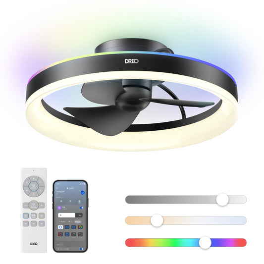 DREO Smart RGBIC Ceiling Fans with Lights, Low profile Ceiling Fan with Alexa/App, 20'' Dimmable Lighting & Color Tuning, 22dB Quiet for Bedroom, Game