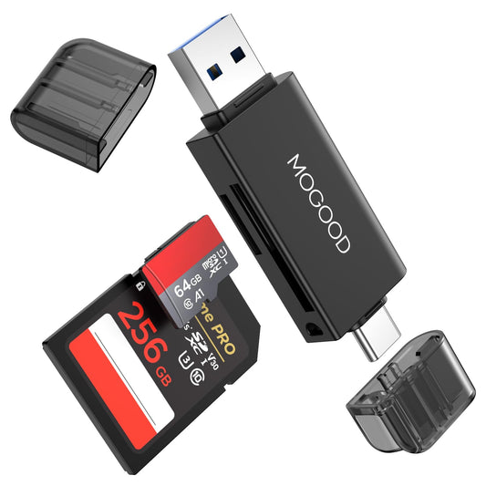 MOGOOD SD Card Reader USB 3.0, Dual Connector USB/USB C Memory Card Adapter for SD/Micro SD, High-Speed OTG for MacBook, iPad, PC, Laptop, Smartphone