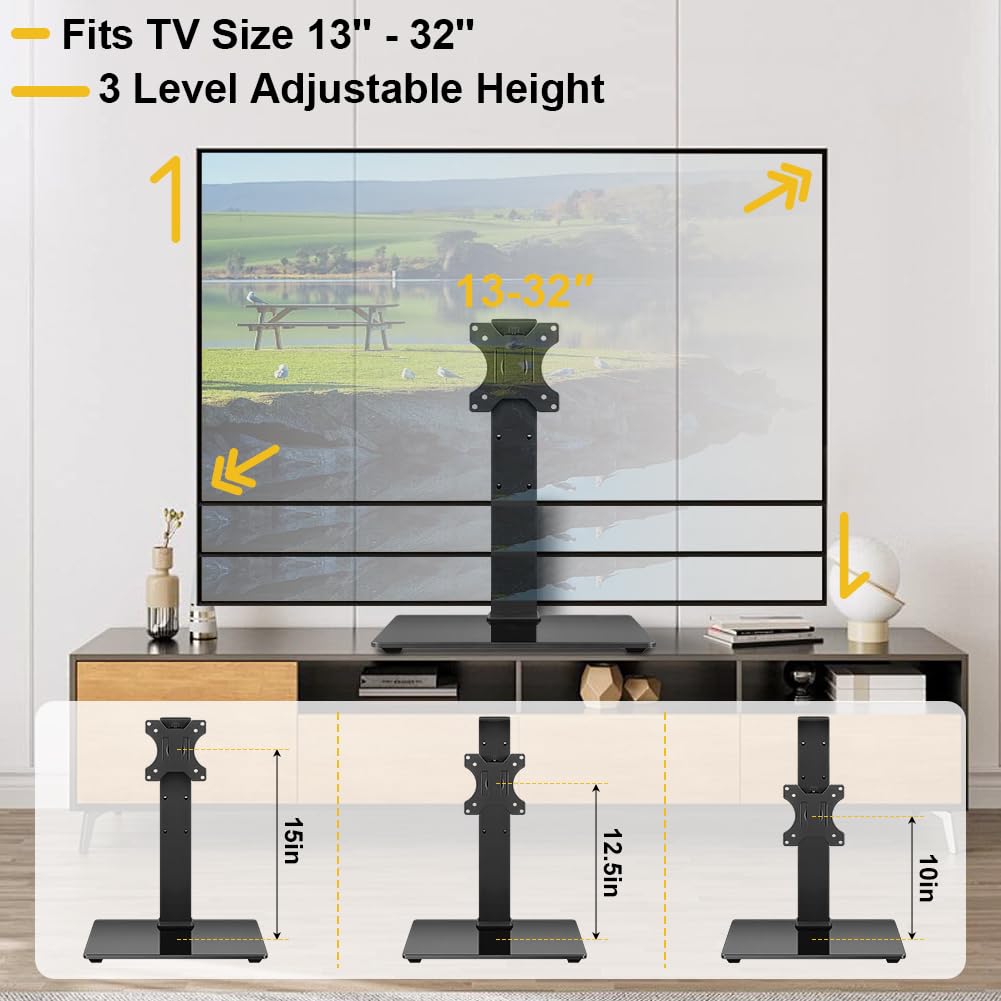 WKWKER Universal TV Stand for 13-32inch LED LCD Table Top Television Stand with 45 Degree Height Adjustable Swivel TV Stand Mount with Tempered Glass