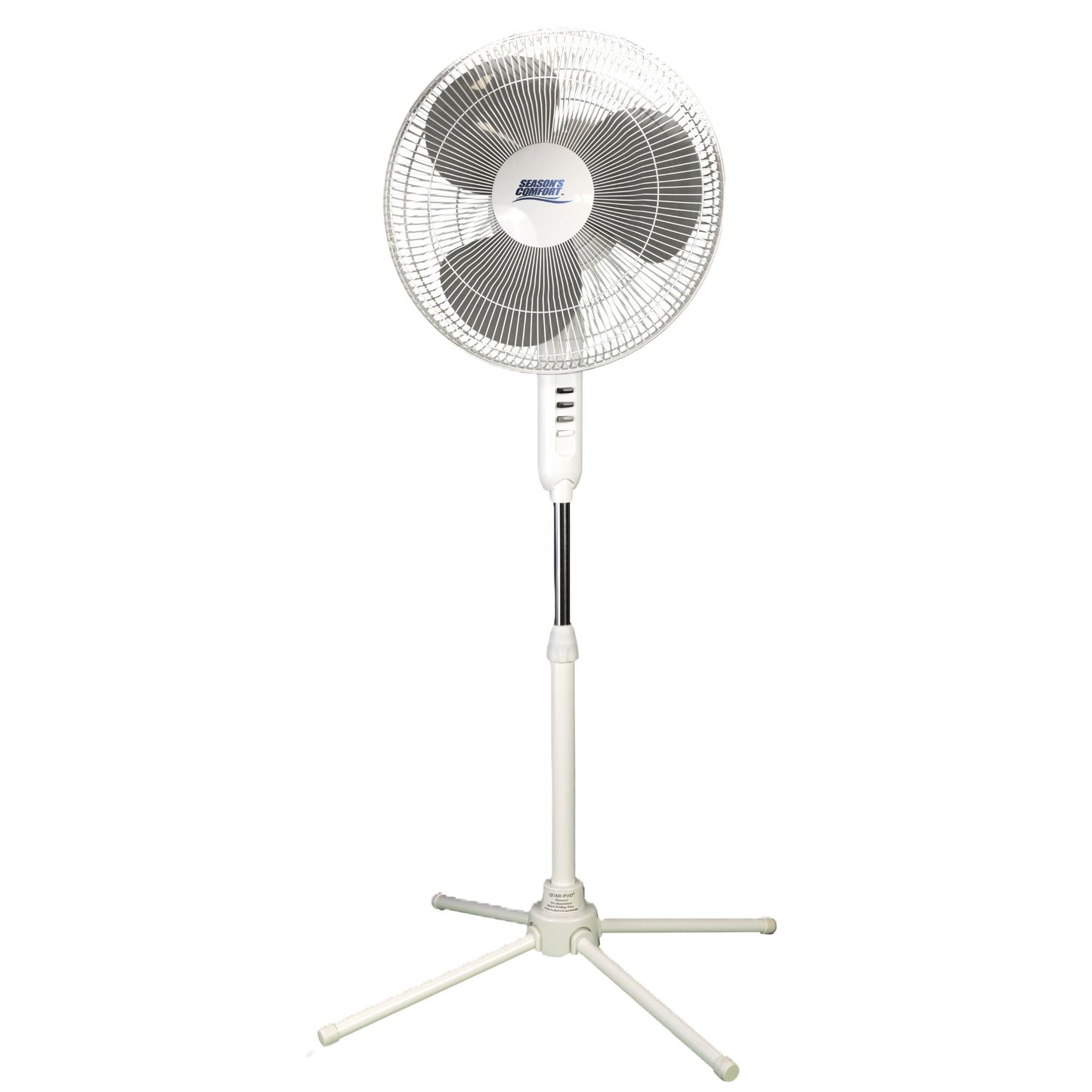 Seasons Comfort 16 Inch Oscillating Pedestal Fan, White, 3 Speeds, Adjustable Height, Push Buttons, Quiet - Electric Cooling Fan for Home, Office