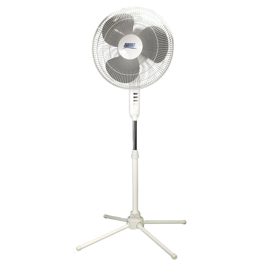 Seasons Comfort 16 Inch Oscillating Pedestal Fan, White, 3 Speeds, Adjustable Height, Push Buttons, Quiet - Electric Cooling Fan for Home, Office