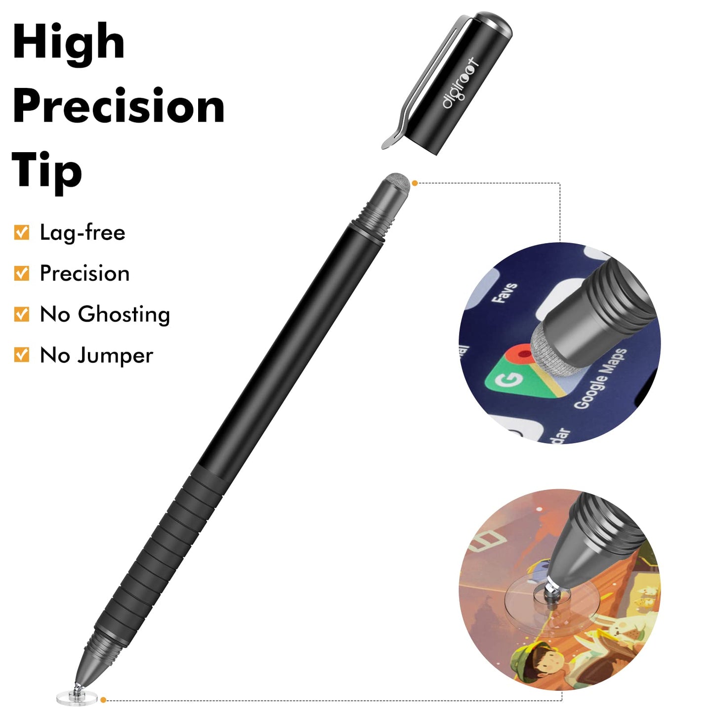 Digiroot Universal Stylus,[2-in-1] Disc Stylus Pens for All Touch Screens Cell Phones, iPad, Tablets, Laptops with 6 Replacement Tips(4 Discs, 2 Fiber