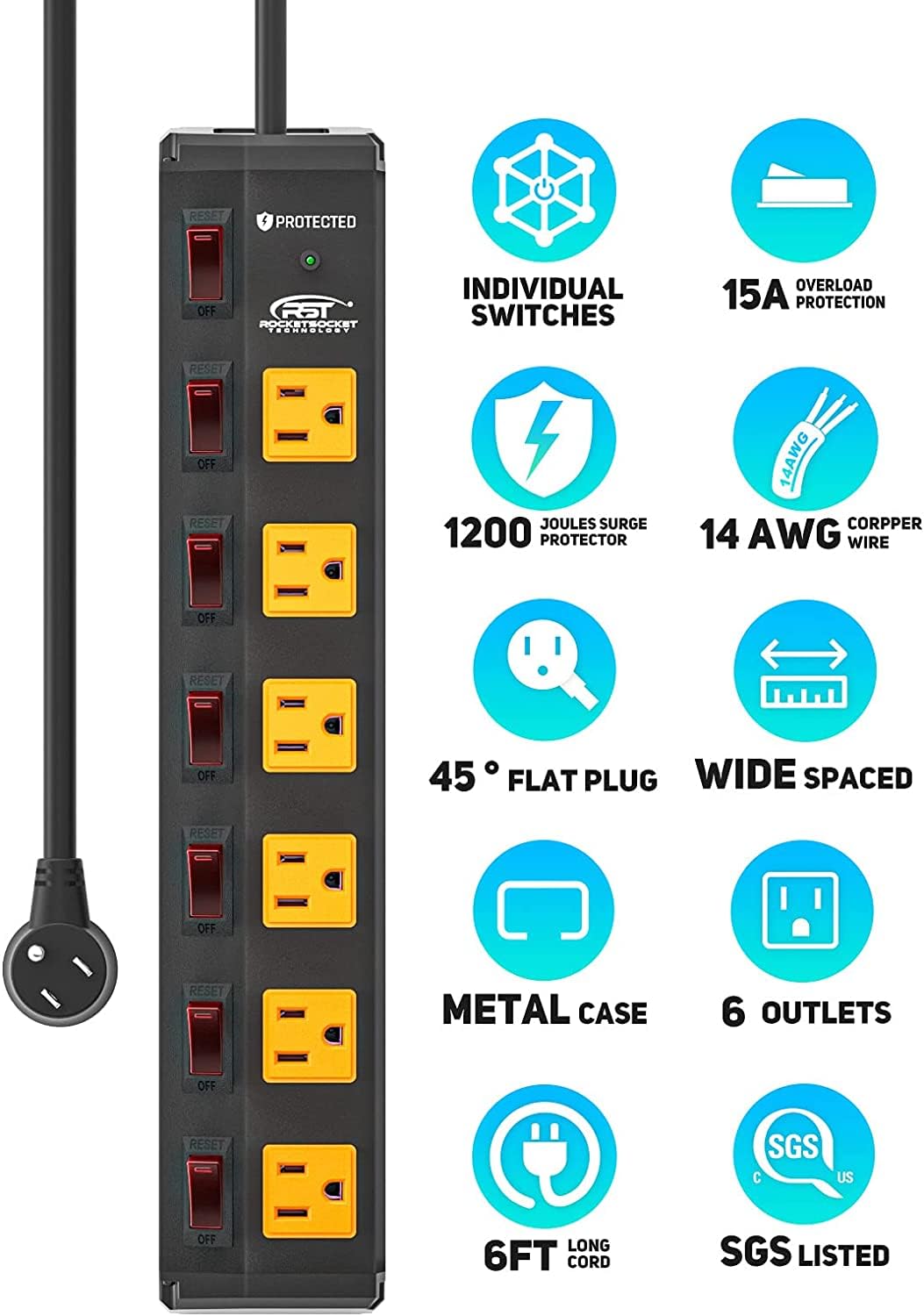 CRST 6 Outlet Metal Heavy Duty Power Strip with Individual Switches, 6FT Wall Mount Garage Power Strip, Surge Protector (1200 Joules), 15amp/1875W