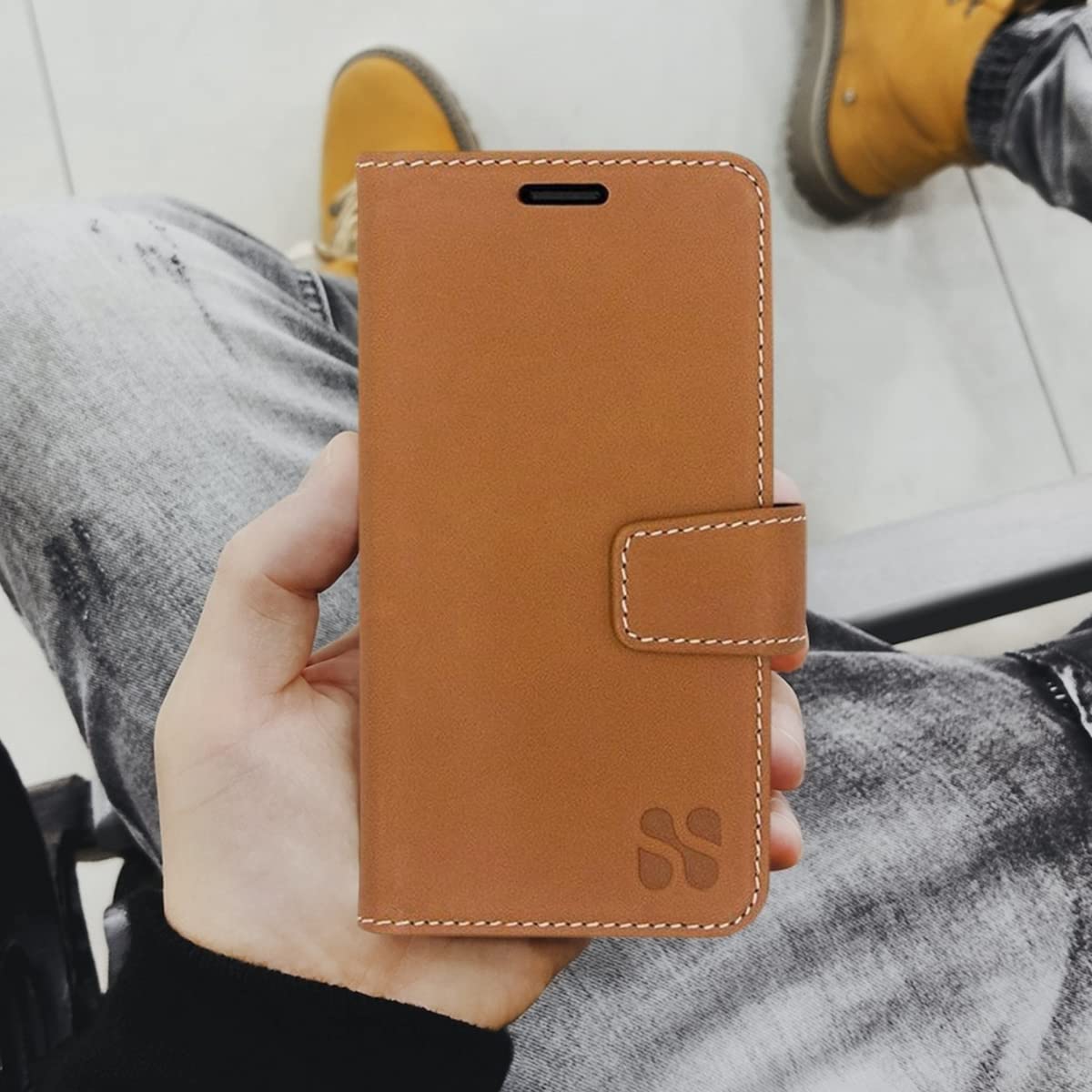 SafeSleeve Wallet Leather Case for iPhone 16e/17e EMF Blocker for Cell Phone with 3 Card Holder & Adjustable Stand - Magnetic Closure, and Magnetic