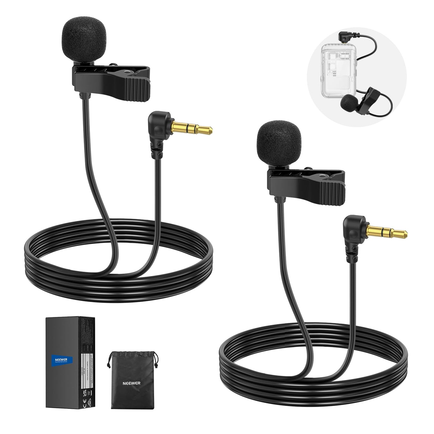 NEEWER Mini Lavalier Microphone (2 Pack), 6.6ft/2m Clip On Wired Condenser Lapel Mic with 3.5mm TRS Plug, Compatible with DJI Mic 2, Rode Wireless Go