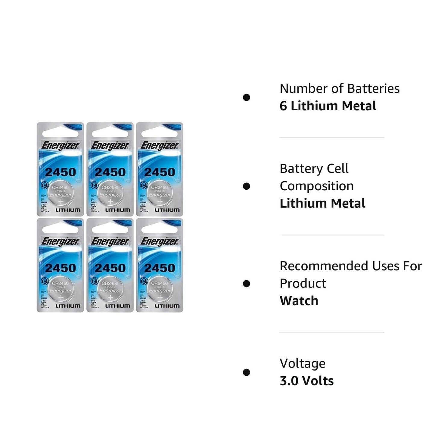 Energizer CR2450 Lithium Battery, 3v ECR2450, Qty 6