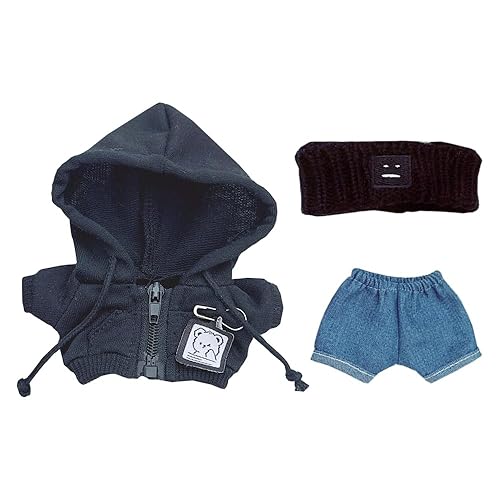 niannyyhouse 10cm-15cm Plush Doll Clothes Headband Coat Jeans Compatible with 17cm Labubu Doll (Black+Blue)