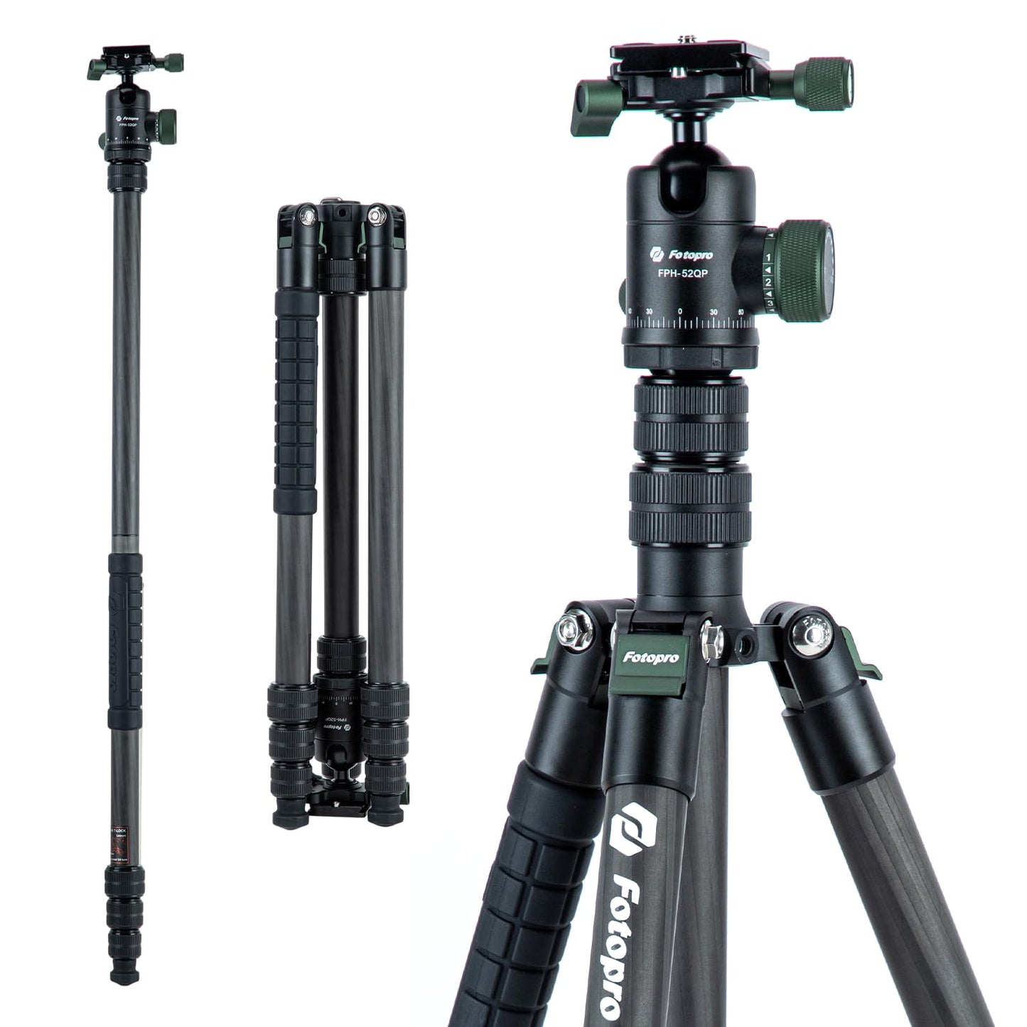 Fotopro 73" Carbon Fiber Tripod for Camera Compact Travel Tripod with Ball Head Detachable Monopod with Quick Release Plate and Camera Bag Load up