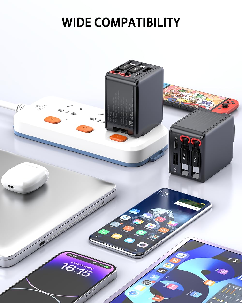 84W Retractable Wall Charger with Dual USB C Cables, 4-in-1 USB C Charger Block GaN PD 45W Fast Charging Station for iPhone 16/15, iPad, Samsung