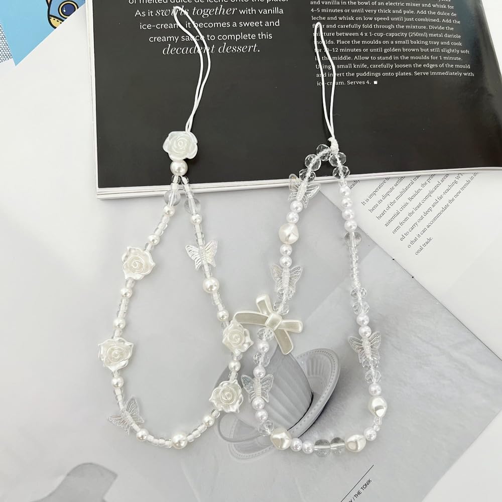 Juroicessry White Mobile Phone Lanyard Universal Phone Chain Black Bow White Pearl Beaded Phone Lanyard Wrist Strap Anti Lost Phone Charm Strap