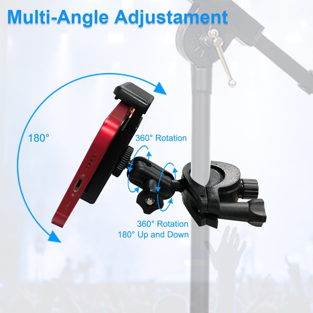 Mic Stand Phone Holder Mount Adjustable Phone Holder for Mic Microphone Music Stand [Dual Ballhead 360°Swivel] iPhone Mic Stand Holder for iPhone 15