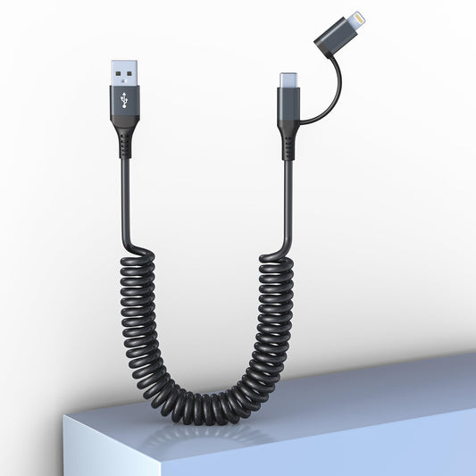 USB to USB C and Lightning Cable 2 in 1-3A Fast Charging & Data Sync Apple CarPlay & Android Auto Coiled Lightning and USB C Cable for iPhone 15 Plus…