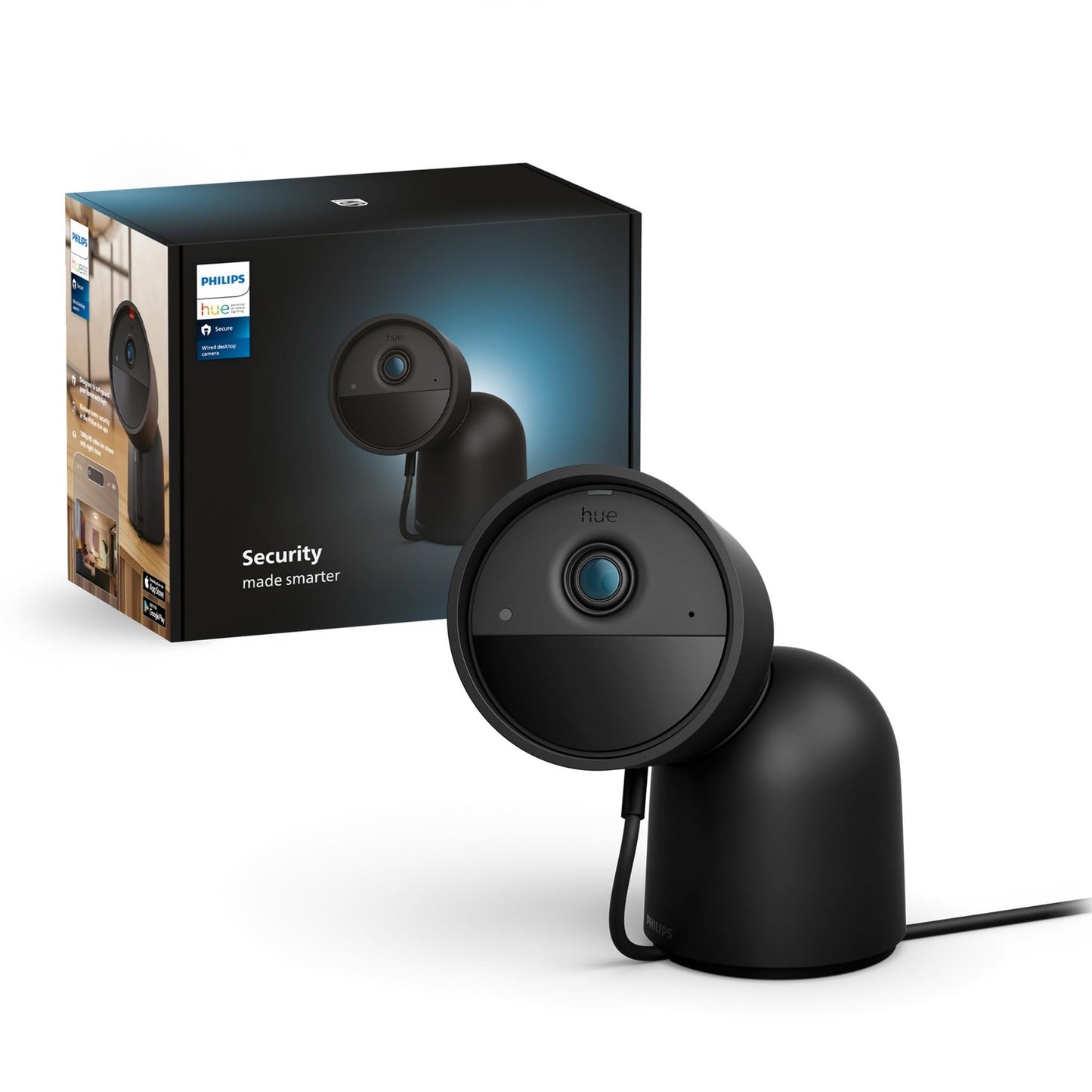 Philips Hue Secure Desktop Camera, 1080P Video Resolution, Notifications, Two-Way Audio, Seamless Integration, Compact Desktop Stand, Black, Free