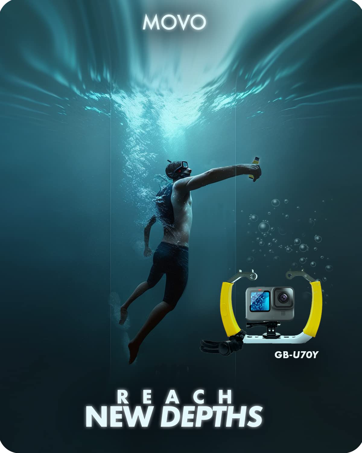 Movo GB-U70Y Underwater Diving Rig for GoPro Hero with Cold Shoe Mounts, Wrist Strap - Works with HERO3, HERO4, HERO5, HERO6, HERO7, HERO8, and Osmo
