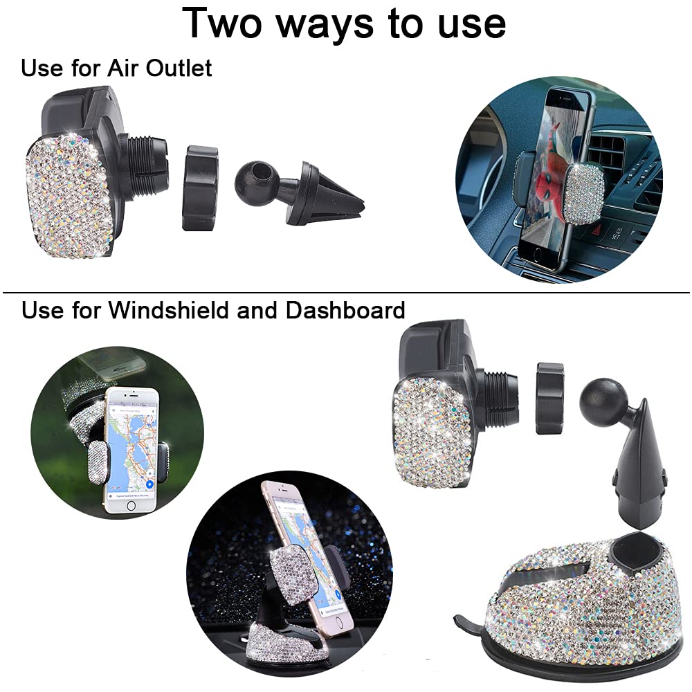 SUNCARACCL Bling Car Phone Holder, 360°Adjustable Universal Rhinestone Crystal Auto Phone Mount Stand Accessories for Windshield Dashboard and Air