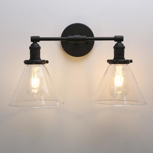 Phansthy 2-Light Industrial Wall Light Black Wall Sconce Light Fixture with Dual 7.3 Inches Cone Clear Glass Canopy (Black)