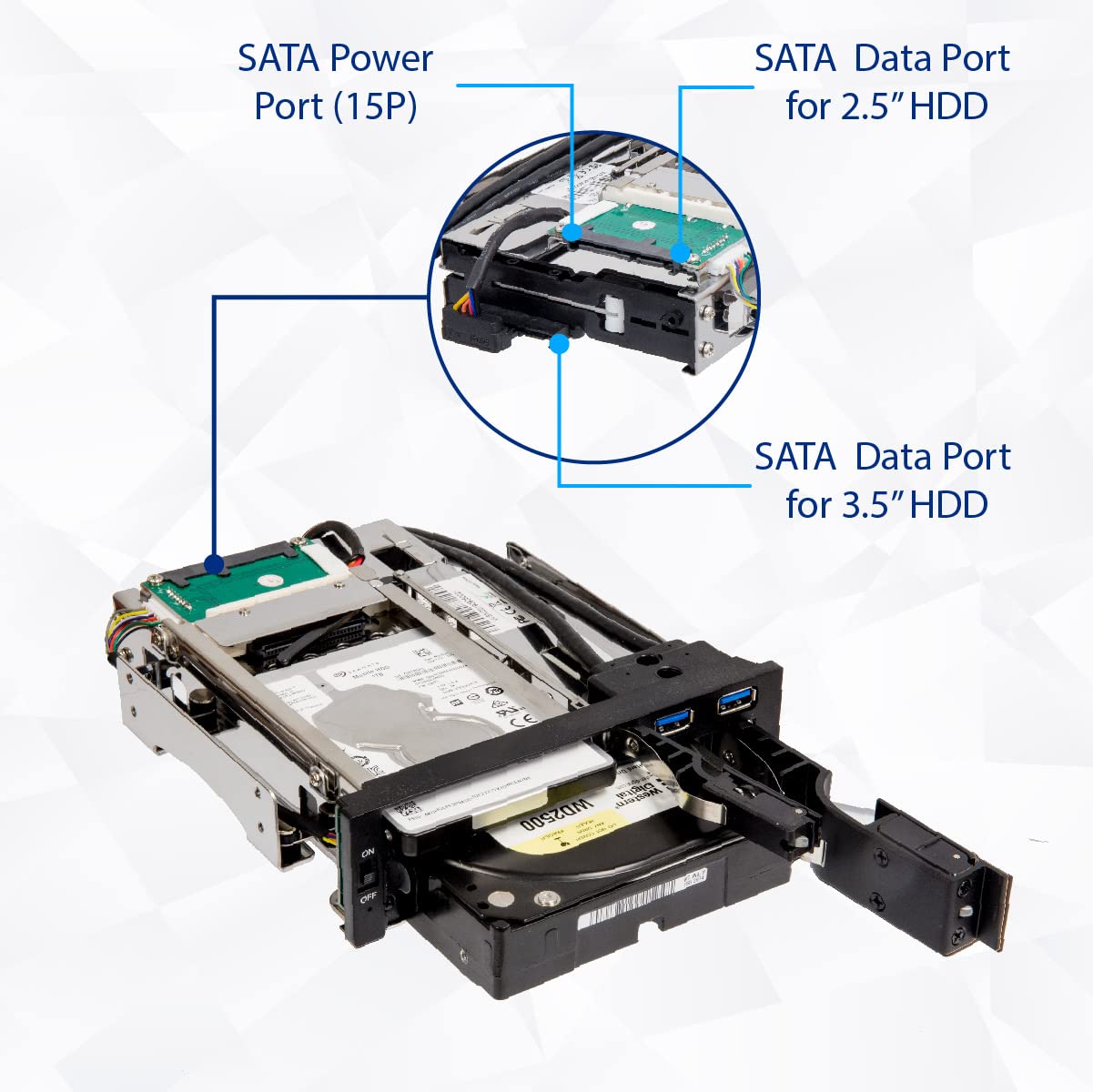 Syba SY-MRA55006 5.25" Bay Tray Less Mobile Rack for 3.5" and 2.5" Sata III HDD with Extra 2 Port USB 3.0, Black/White