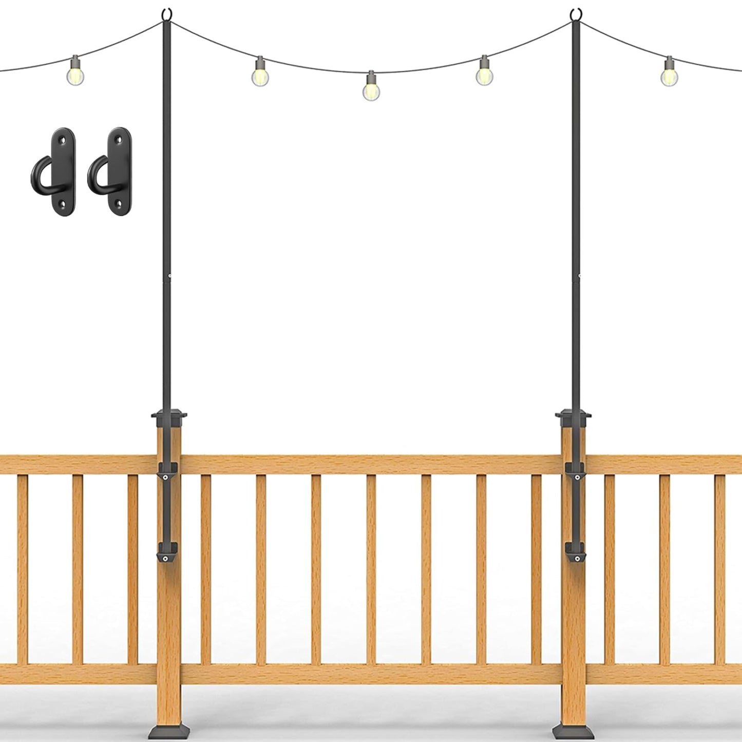 Antsky 2 Pack String Light Poles - Stainless Steel 6.5FT Deck Lights Poles with 2 Wall Hooks for Outdoor Light, String Lights, with SS Screws for Wood