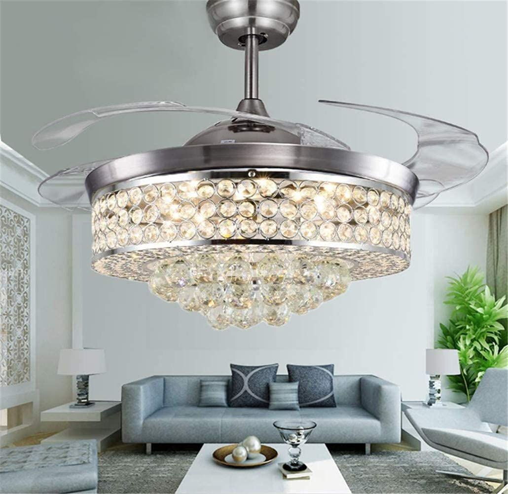 Angry Pryo 42" Crystal Ceiling Fan with Light Retractable Blades Modern LED Chandelier Remote 3 Colors 3 Speeds Silent Ceiling Fans Lighting