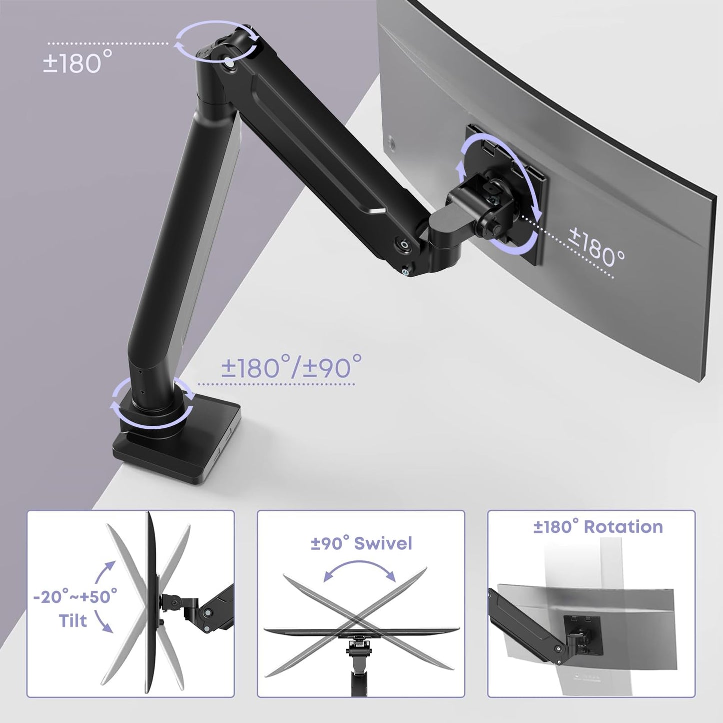 Heavy Duty Monitor Arm for Ultrawide Screens up to 49 inch and 39.6lbs, Premium Aluminum Single Desk Mount Stand with Gas Spring, VESA 75x75/100x100