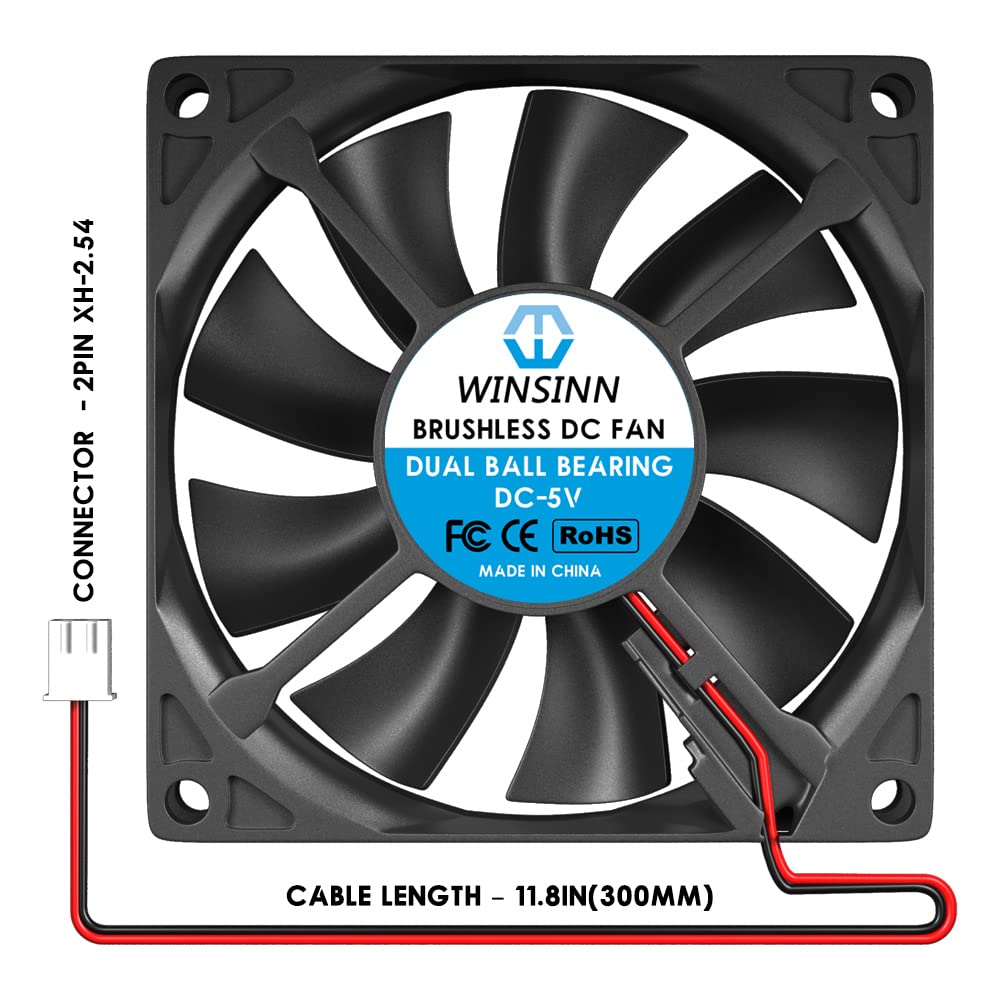 WINSINN DC 80mm Fan 5V 8015 Dual Ball Bearing Brushless Cooling 80mmx15mm 2PIN (Pack of 2Pcs)