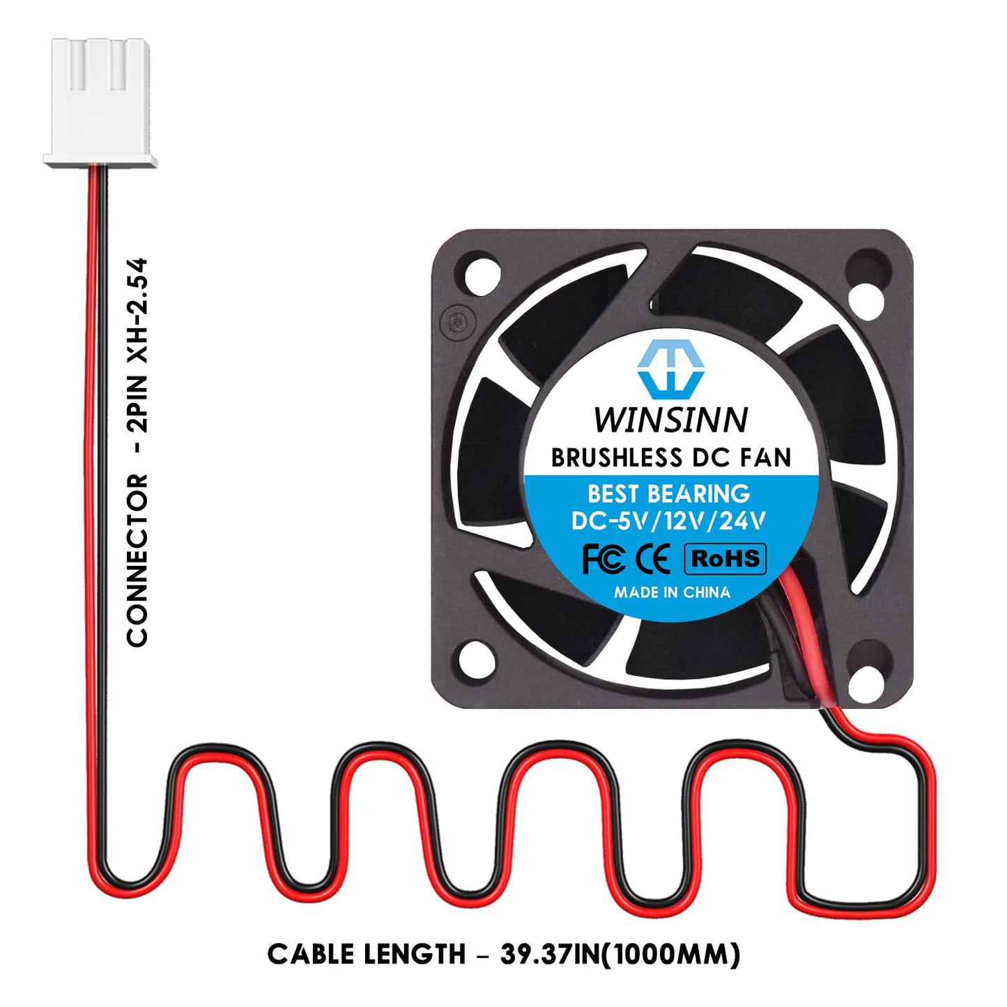 WINSINN 40mm 24V Fan - Dual Ball Bearing, 10000 RPM, Brushless 4015 Cooling Fan Ideal for Industrial Equipment & Servers, 30cm Cable with XH2.54-2PIN
