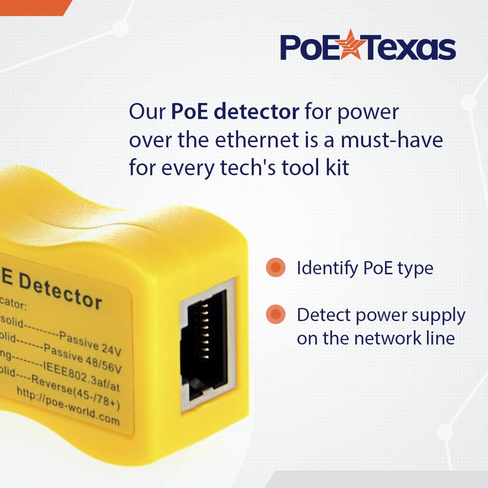 PoE Detector for IEEE 802.3 or Passive PoE - Quickly Identify Power Over Ethernet; Display Indicates Passive or 802.3af/at; 24v, 48v, or 56v; and Mode
