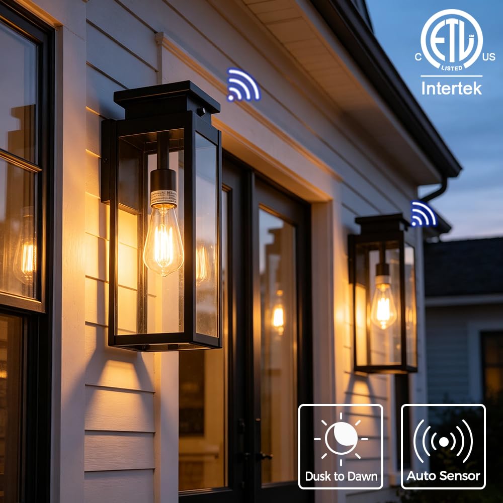 Cerdeco Exterior Dusk to Dawn Sensor Outdoor Wall Light with 4 Side Clear Glass and 15 Inches in Height,Black Porch Sconce Wall Mounted Lighting